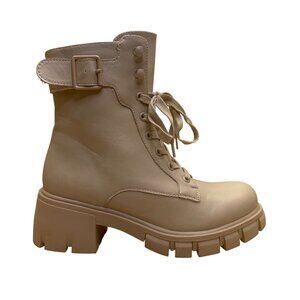 Mia Women’s Beige Side Zipper Chunky Lug Sole Mid-Calf Combat Boots Size 7.5M